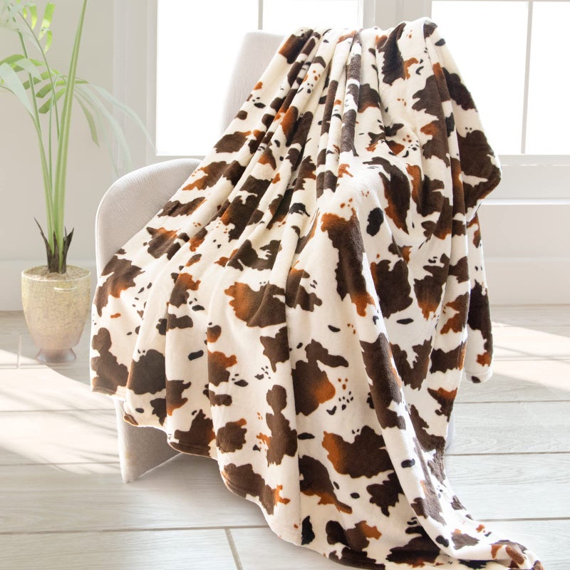 HSEEC Cow Print Blanket Brown Couch Throws for Sofa  Lightweight Cute Cozy Western Bedding Decorative Throw for Bed All Seasons  Brown Cow Gifts for Adults Kids Boys Teens 50""x60"" - Image 1